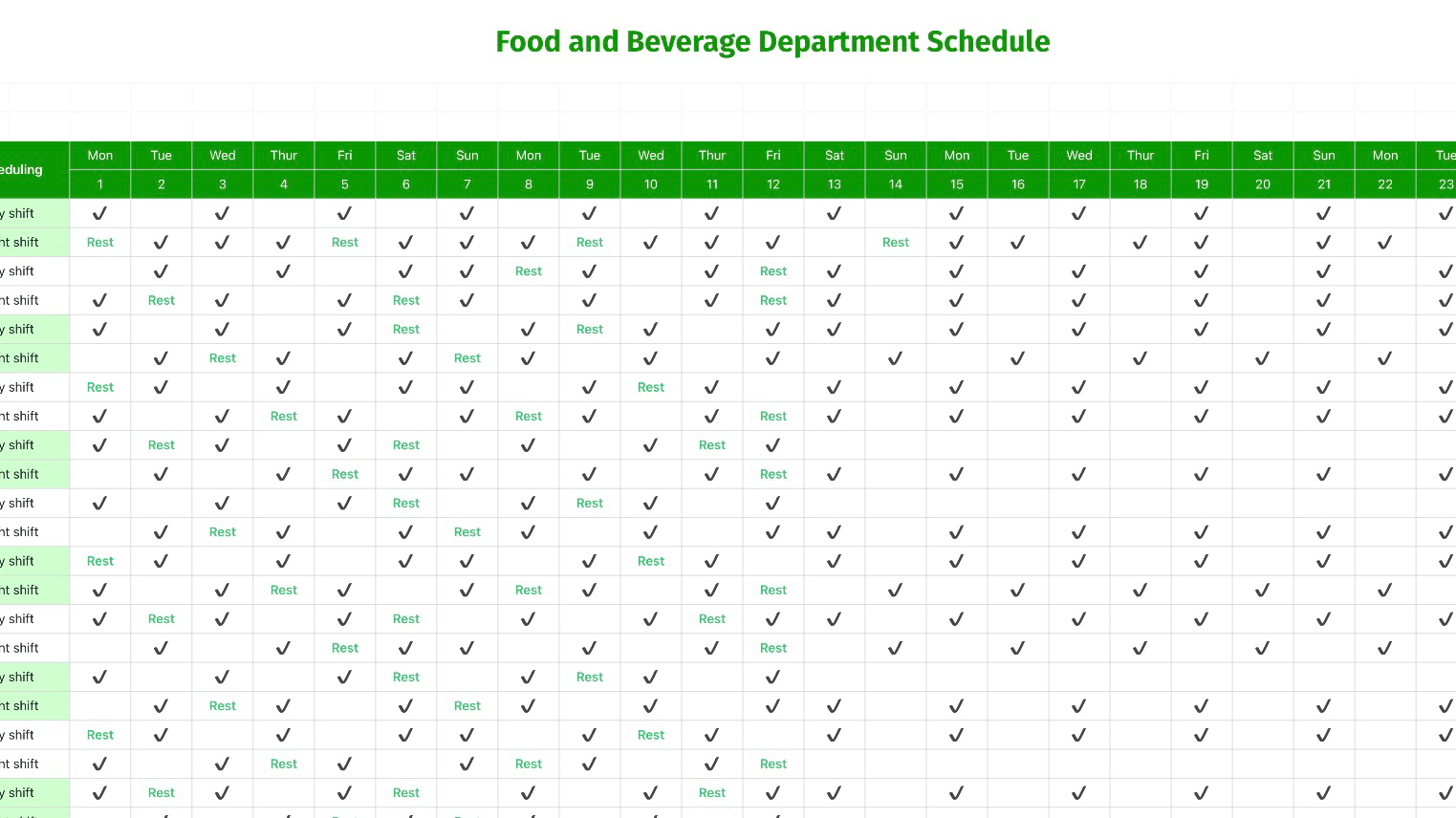 Food and Beverage Department Schedule
